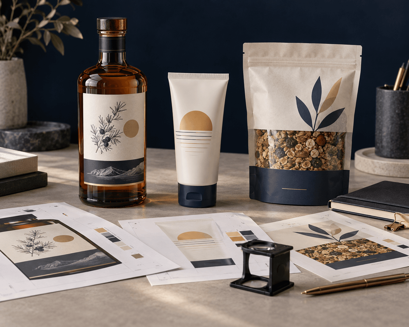 Spirits bottle, cosmetics tube and food package with label artwork for review